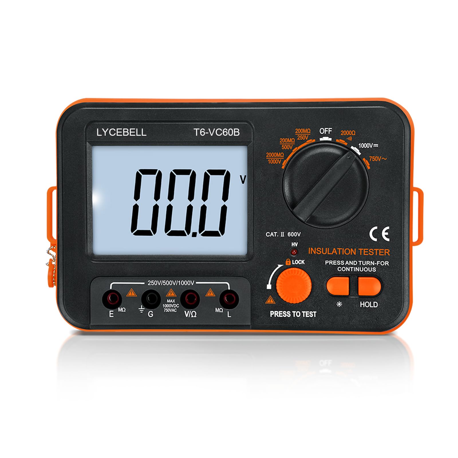Testeur de Résistance D'isolement Numérique LC-VC60B 0,1~2000 MΩ Mégohmmètre, DC 250V/500V/1000V AC 750V avec d'alerte haute tension, écran LCD Rétroéclairé et Fils de Test et Clips de Test