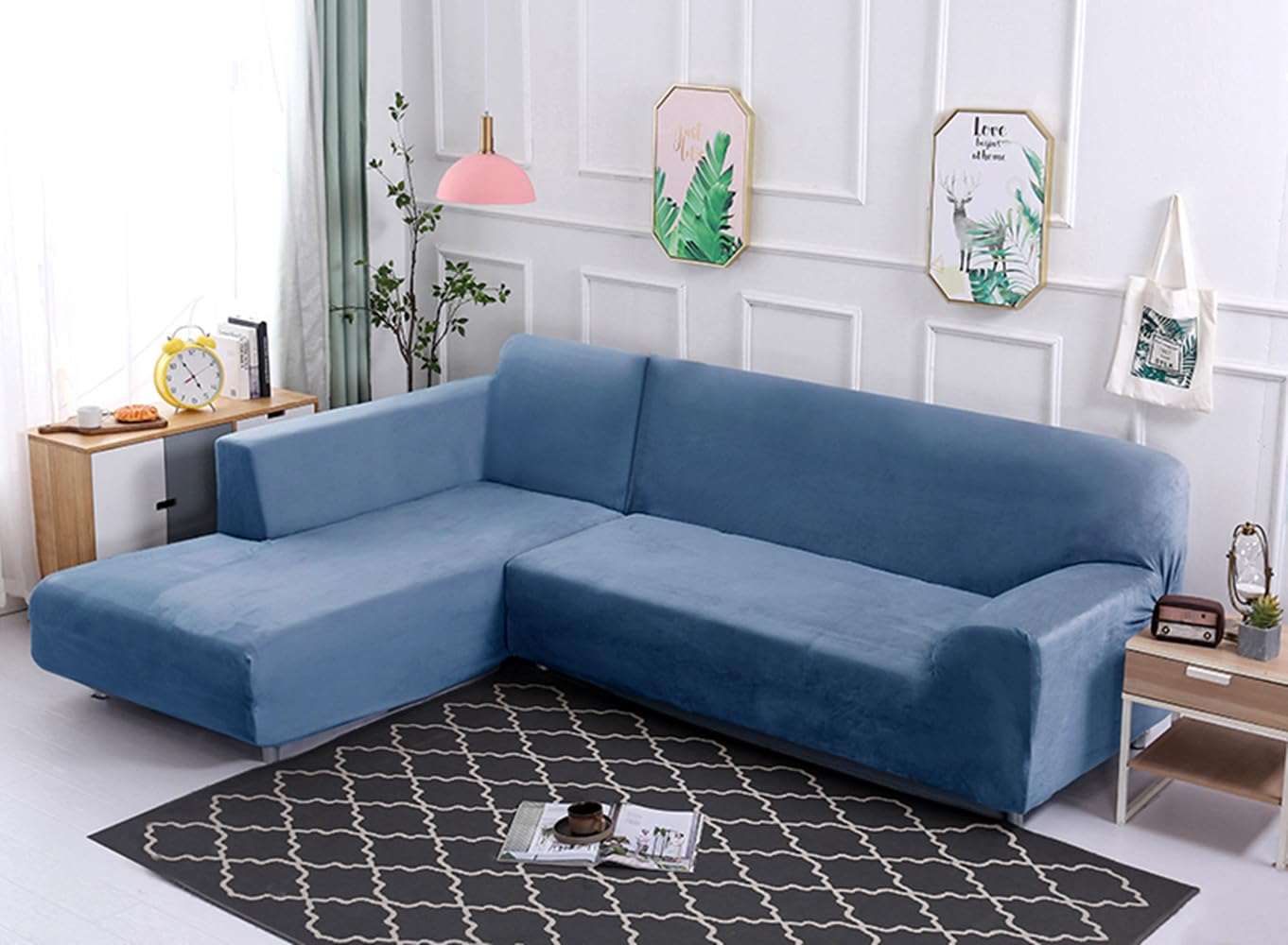 Housse canapé d'angle velours extensible bleu gris meuble salon