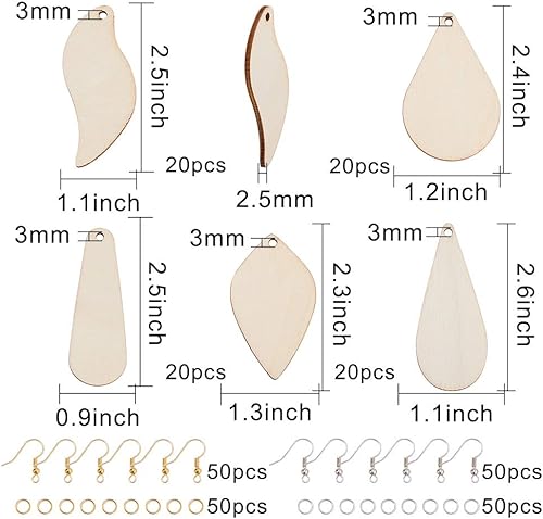 Miniatura 2 de SUNNYCLUE Juego de 300 aretes de madera sin terminar de 5 formas, de madera sin terminar, colgantes grandes con agujero con 100 ganchos para aretes,