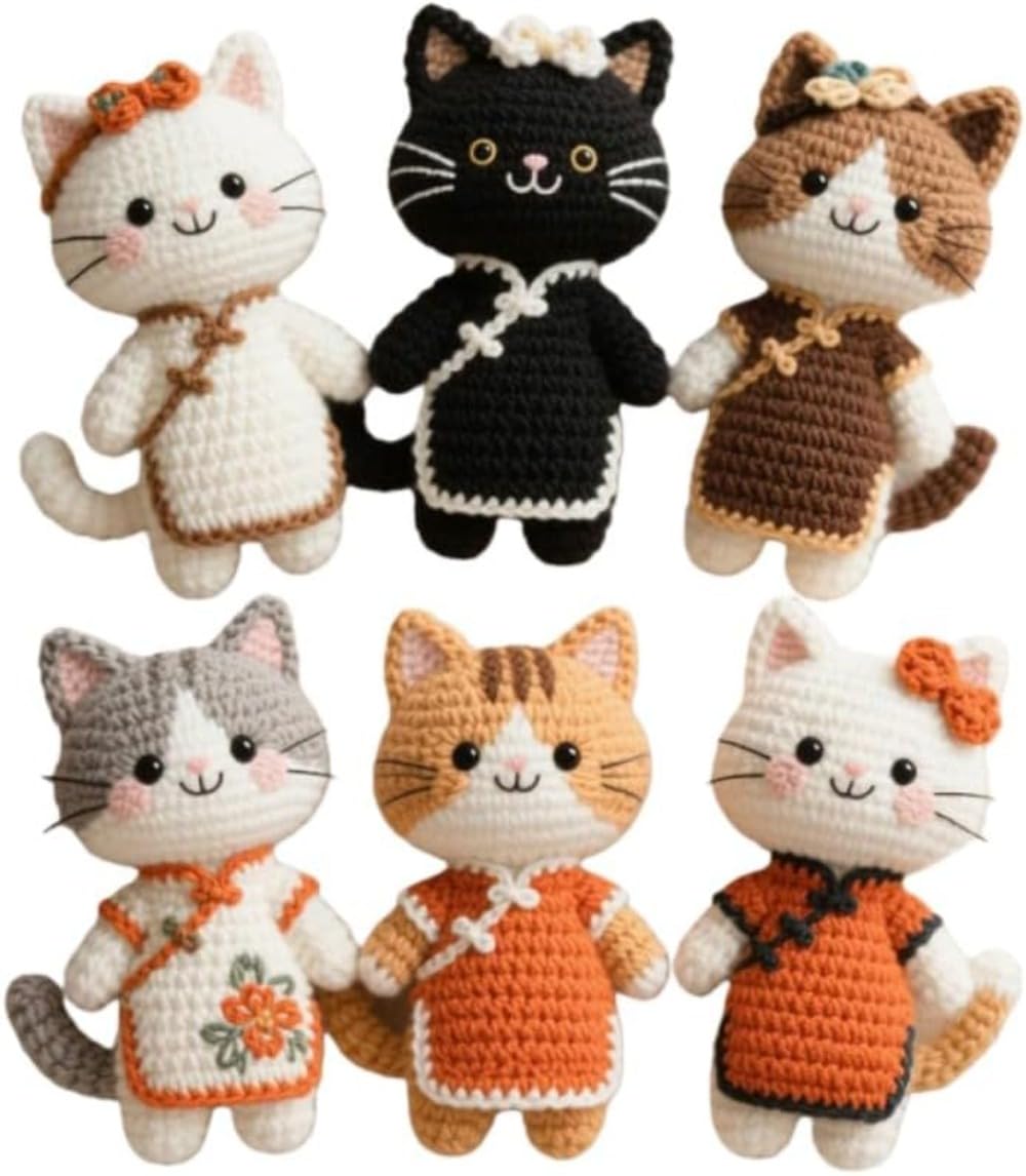 WQNB Cat Amigurumi Crochet Kit 6 Piece DIY Keychain Craft Set Beginner