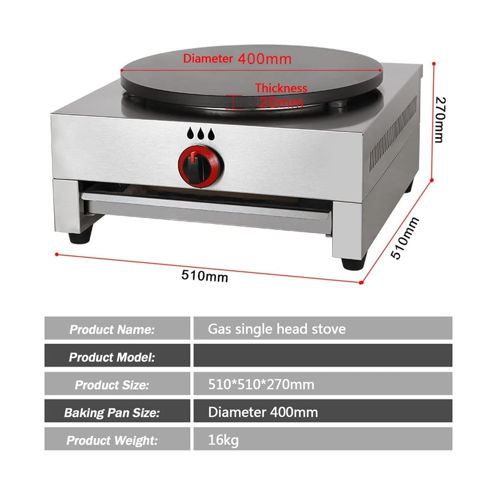 Style1 macchina Crepe professionale per Crepe, Crepe, Gas, Crepe professionali, diametro 40 cm, con piastra non aderente, per Tortilla Omelettes, [classe energetica A]