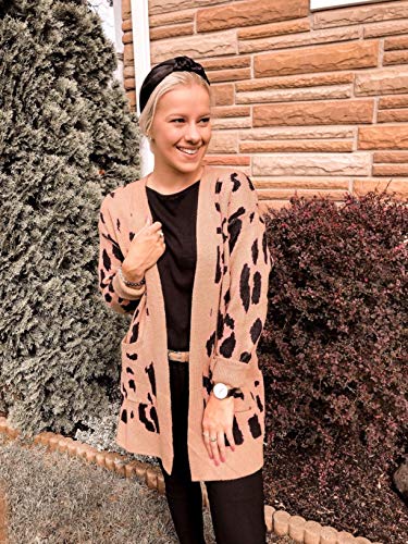 ZESICA Women's Long Sleeves Open Front Leopard Print Knitted Sweater Cardigan Coat Outwear with Pockets,M,A-Khaki