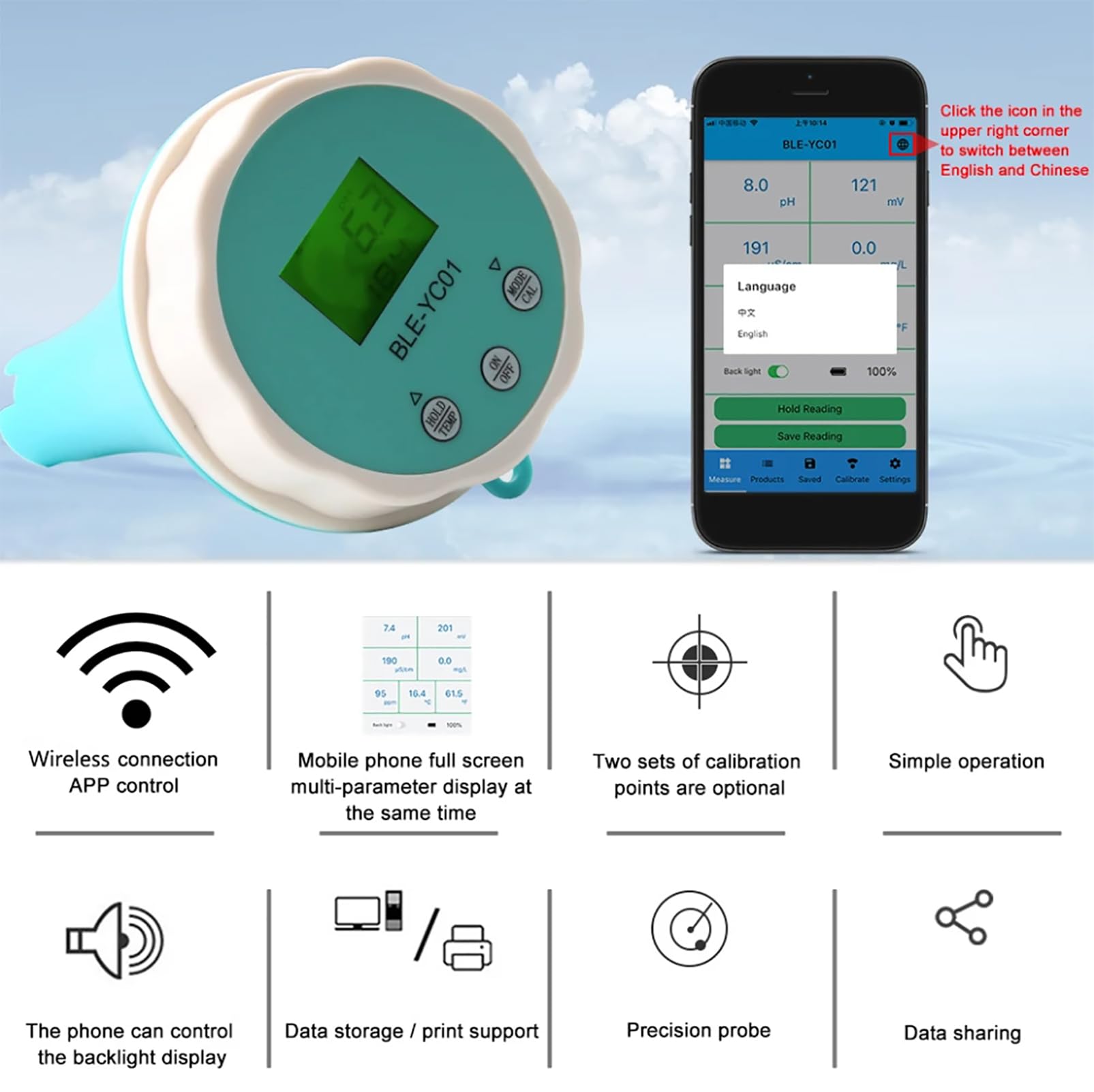 Intelligenter Wasserqualitätstester, 6-in-1-Bluetooth-Schwimmbadmonitor-Wassertester Mit App-Verbindung, PH CL EC TDS ORP-Temperatur Für Pool, Aquarium, Whirlpools Und Swim Spas
