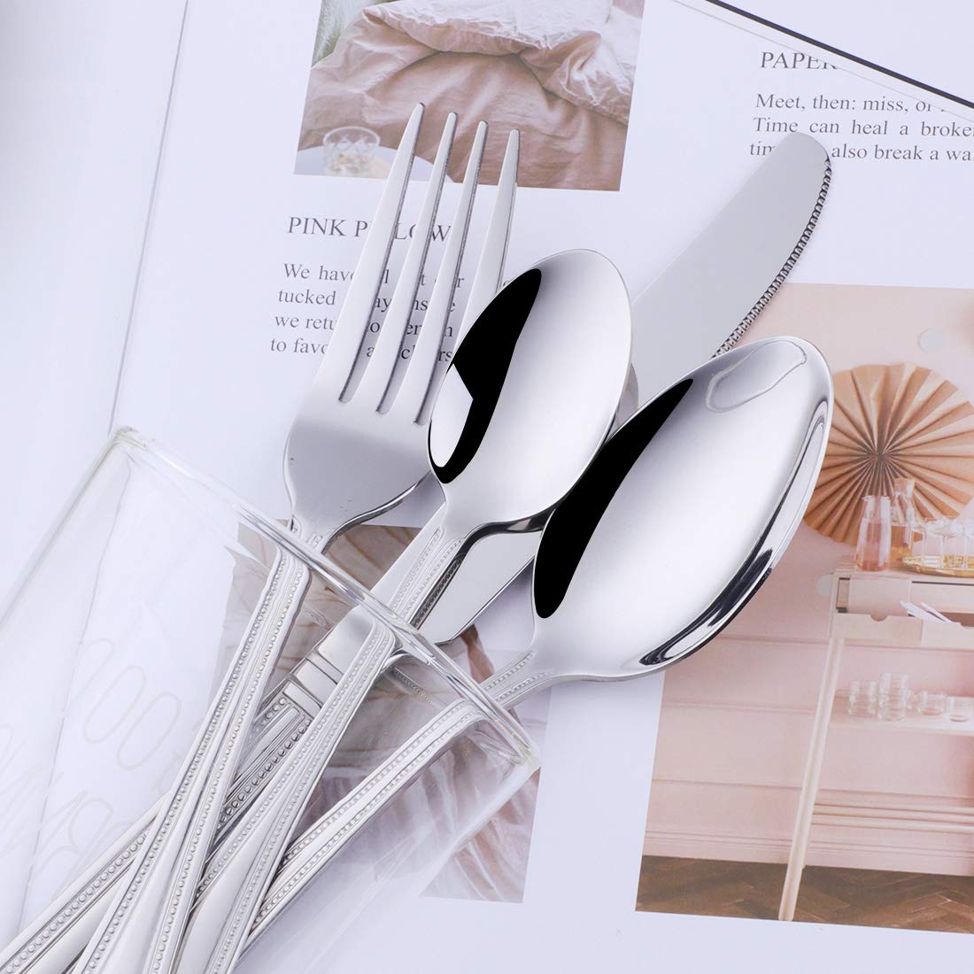 Buyer Star Set di posate, 24 coltelli da tavola in acciaio inox, forchette, cucchiai da dessert, cucchiaini da tè, set di posate classiche per 6, stoviglie di base lucidate a specchio