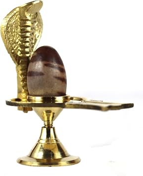 Narmadeshwar Shivling with Brass Jalheri Yoni Narmada River Banalinga Shiva Lingam Stone for Puja 3.0 inches 4.0 inches