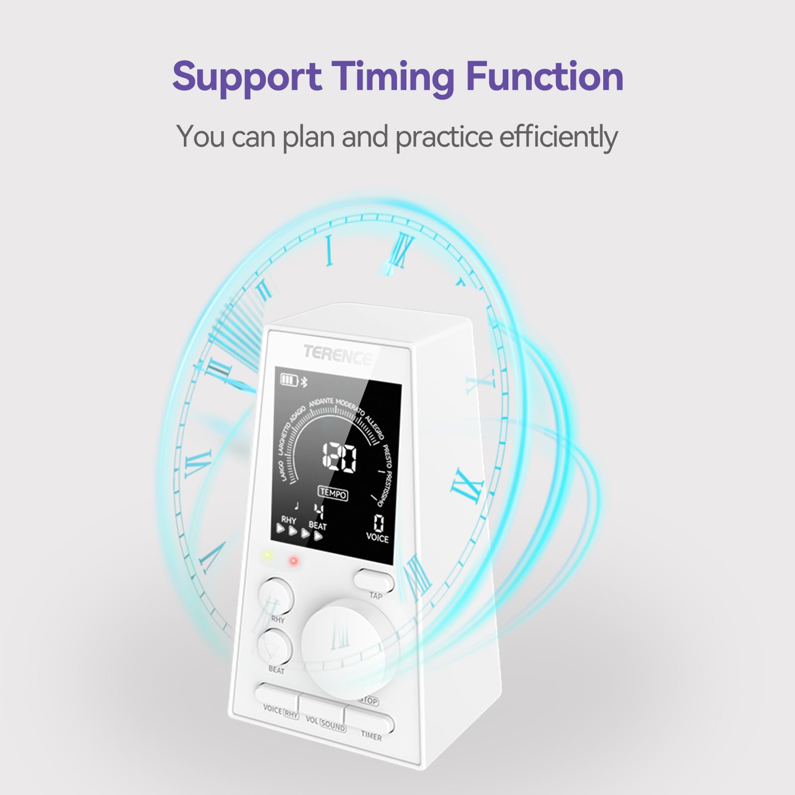 TERENCE Métronome Numérique Piano guitare basse eucliri instrument métronome électronique avec Haut - parleur LCD moniteur volume tempo réglable fonction de minuterie rechargeable 30-252bpm Blanc