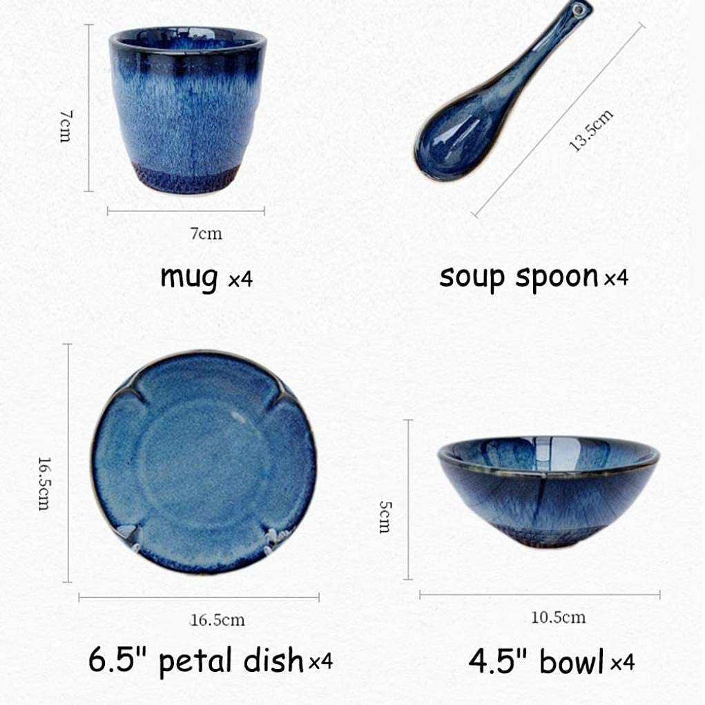 Ceramiczna zastawa stołowa, 16 sztuk Retro niebieska porcelanowa zastawa stołowa zestaw miska ceramiczna płyta łyżka i kubek serwis dla 4 osób szykowny wystrój
