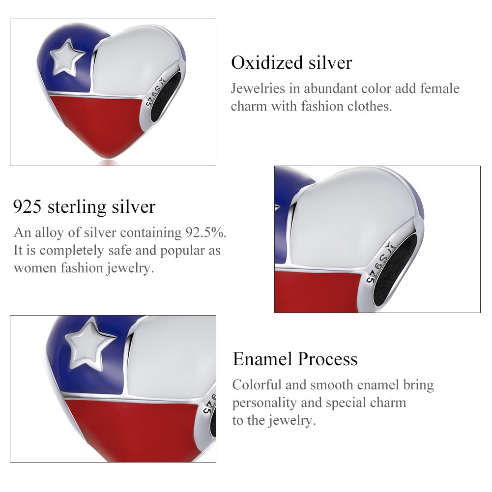 Herzförmiger chilenischer Flaggen-Charm aus 925er-Sterlingsilber, passend für Damen-Armband oder Armreif, Silberne Amerika-Flaggen-Charm-Perlen, Schmuck, Geschenk