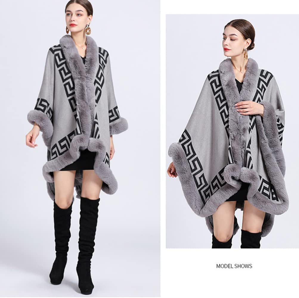 Autunno Inverno Donne Fine Knit Sciarpa Collare Capo Cardigan con Faux Fur Trim Layers Poncho, Faux Rabbit Fur Capo Wrap Scialle Cappotto di Lana