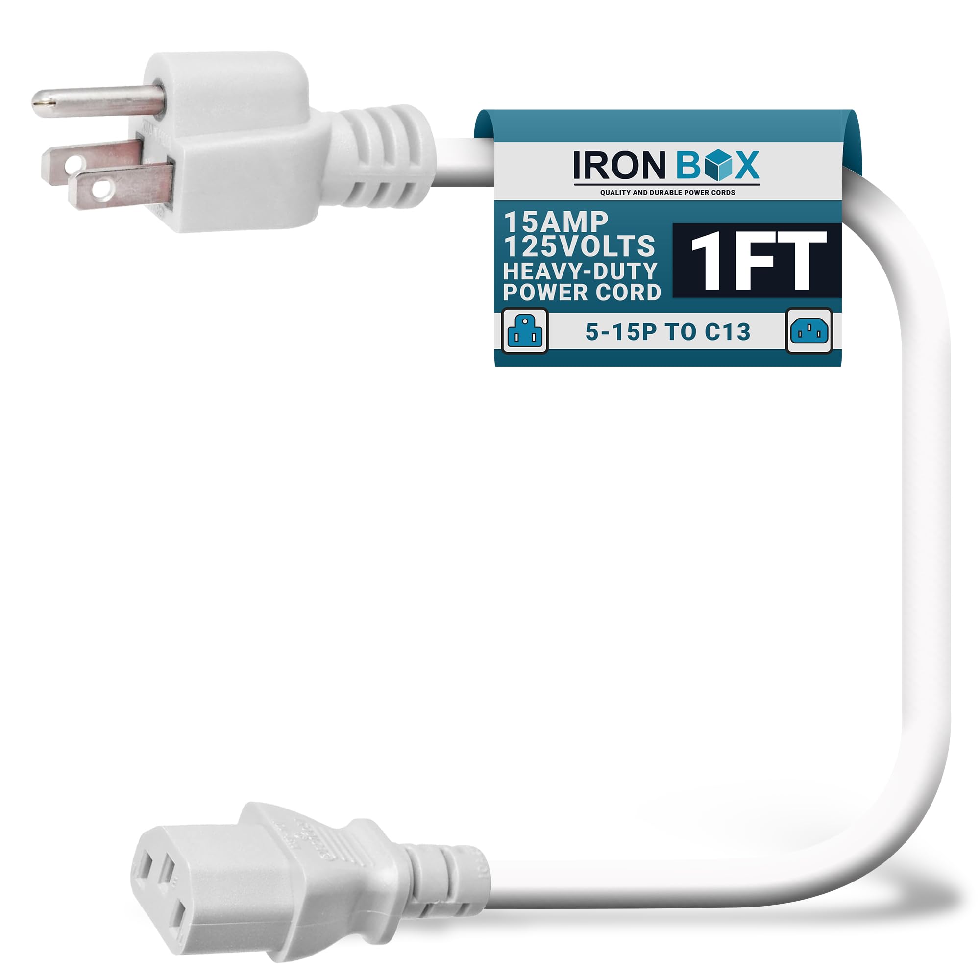 IronBox Electric - Heavy-Duty 5-15P to C13 Power Cord - 3 Prong 15A 125V 14/3 SJT PC Cable - Cord for Computer, Monitor, Subwoofer, Amplifier - Cable for Power Supply - (White 1 Foot)