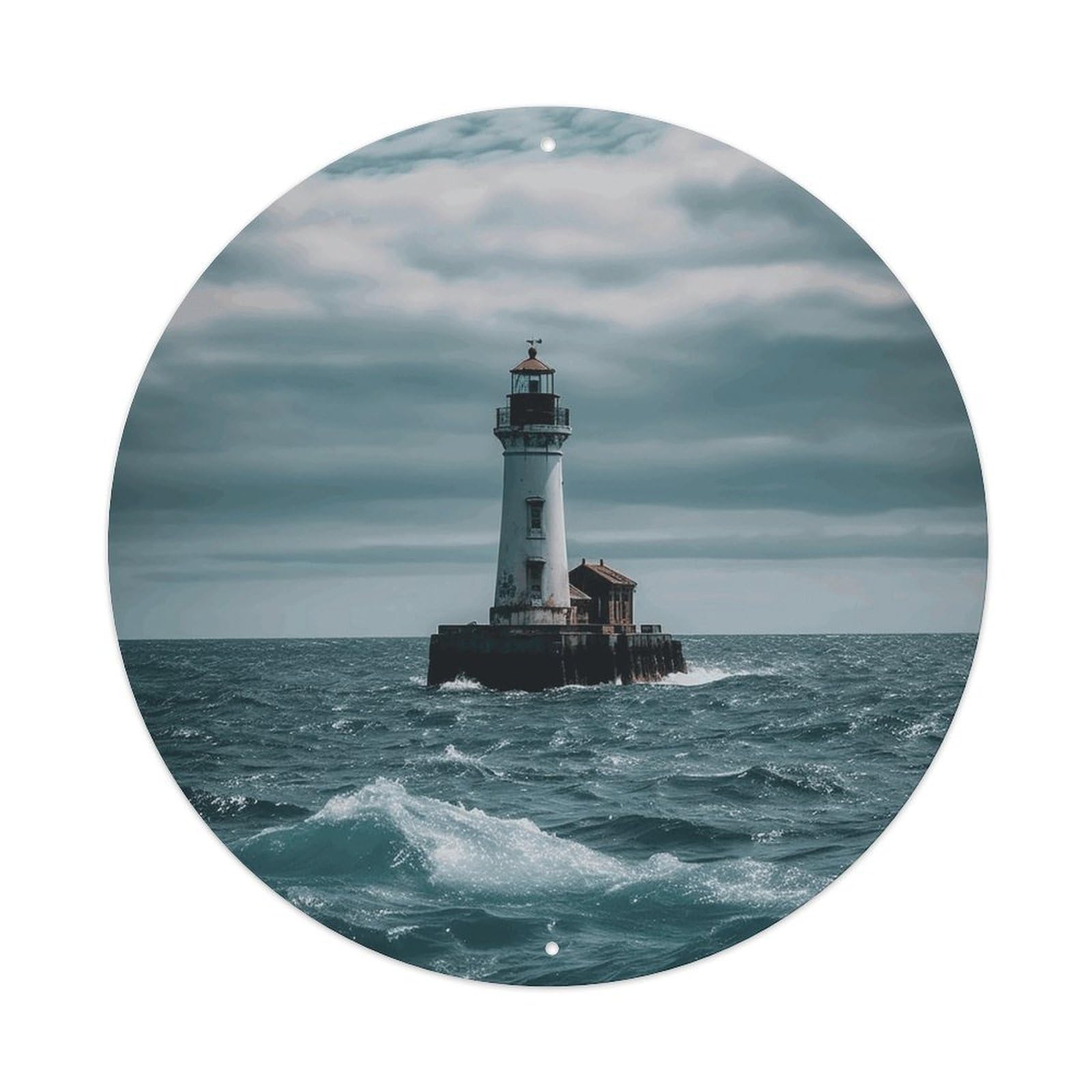 LZQPOEAS Lighthouse Ocean Round Aluminum Wall Art Sign, Metal Indoor Wall Decor with Holes, Durable Circular Aluminum Plaque for Home, Bar, Cafe, Living Room, And Office Decoration