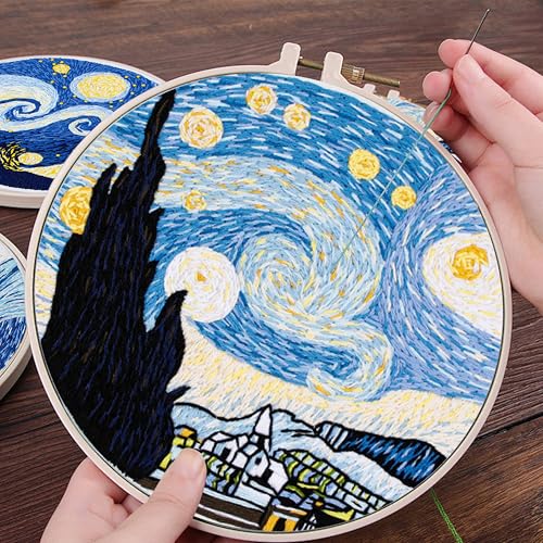 Image of KEKEMEOW 3 Sets Embroidery Kit for Beginners, Stitches with Starry Sky Patterns, Embroidery Stitch Practice kit for Adults Craft Lover, Needlepoint Hand Embroidery Kit with Pattern、Instruction、Hoop