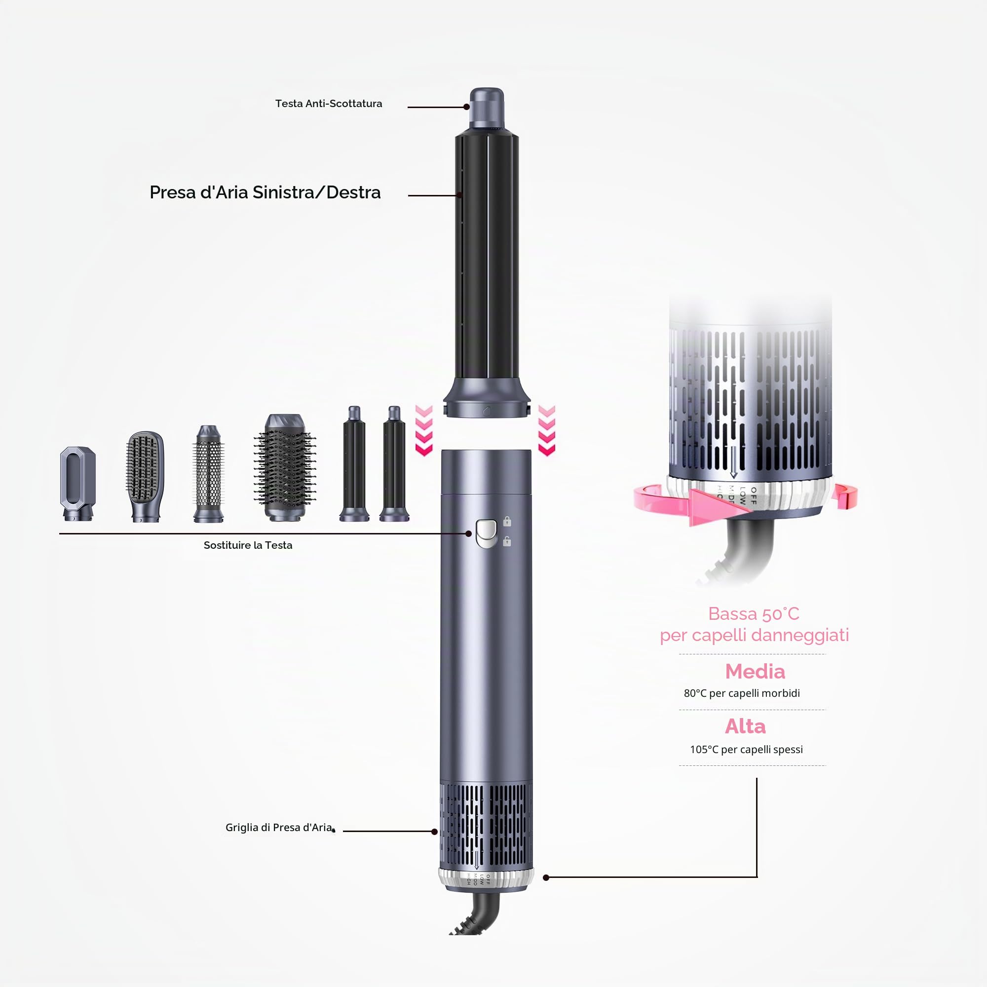 Pro air styler 6 in 1 Hair Styler & Spazzola Asciugacapelli, phon arricciacapelli ad aria, asciugacapelli spazzolas, spazzola aria calda, spazzola phon per capelli, senza danni da calore