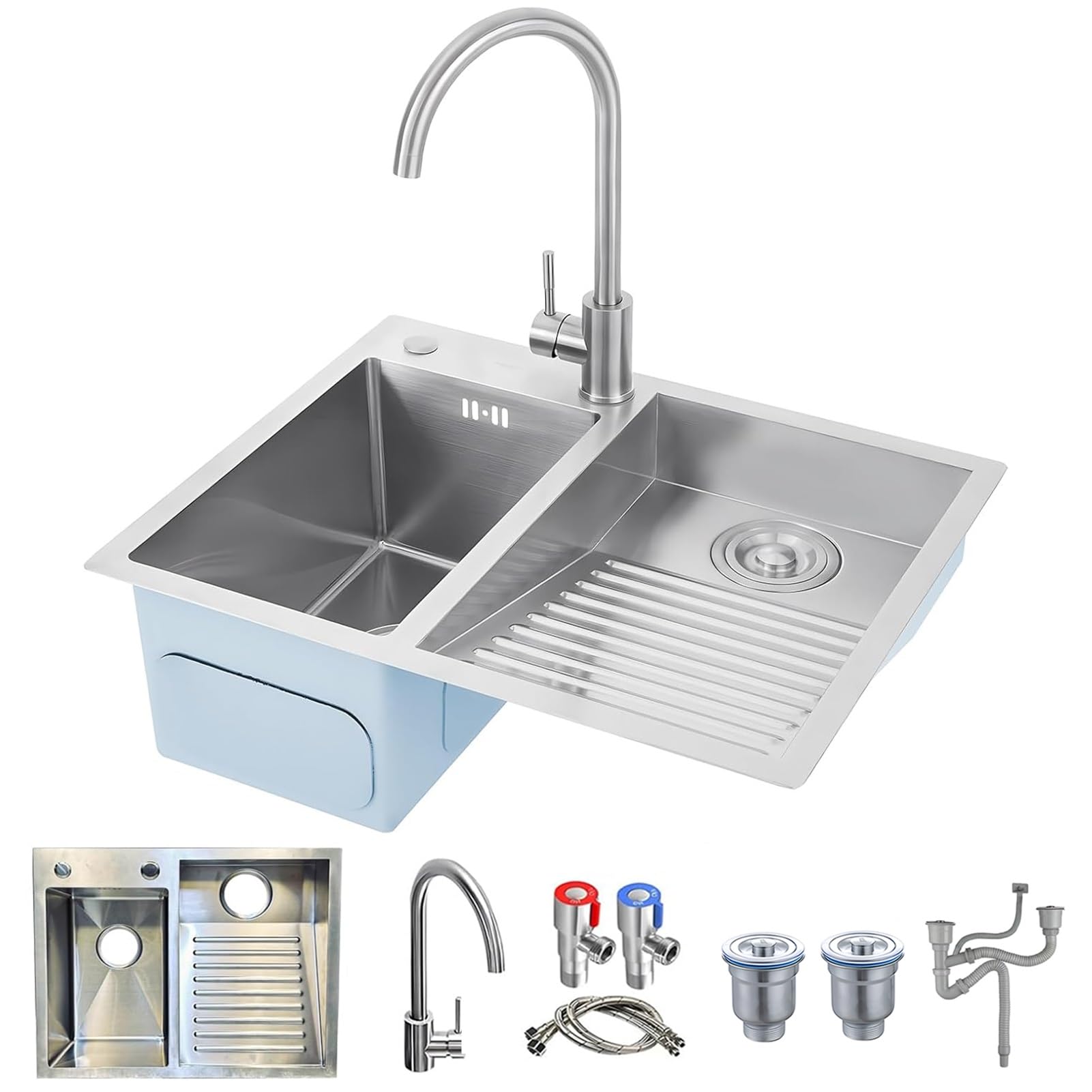 WIQUYBML Stainless Steel Laundry Sink With Integrated Washboard, Heavy-Duty Handwashing Tub Drain Kits, Durable Utility Washing Basin For Basement, Room, Garage, Outdoor Use(Silver Right,60x48x22c