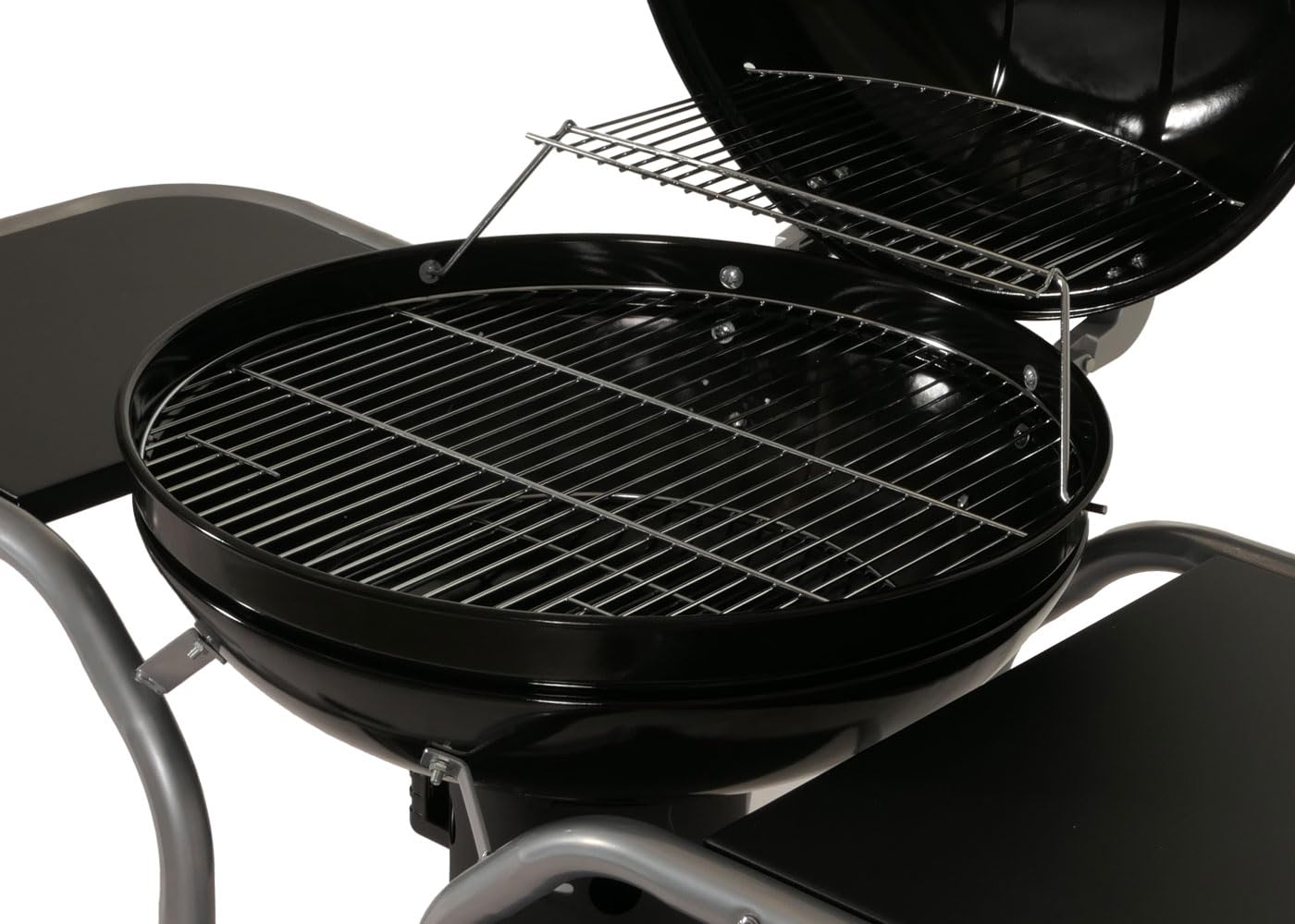 Grill na kółkach HWC-N16, grill na węgiel drzewny, kulisty grill ogrodowy z pokrywką, trzy półki, stal emaliowana, 143 x 131 x 66 cm, czarny