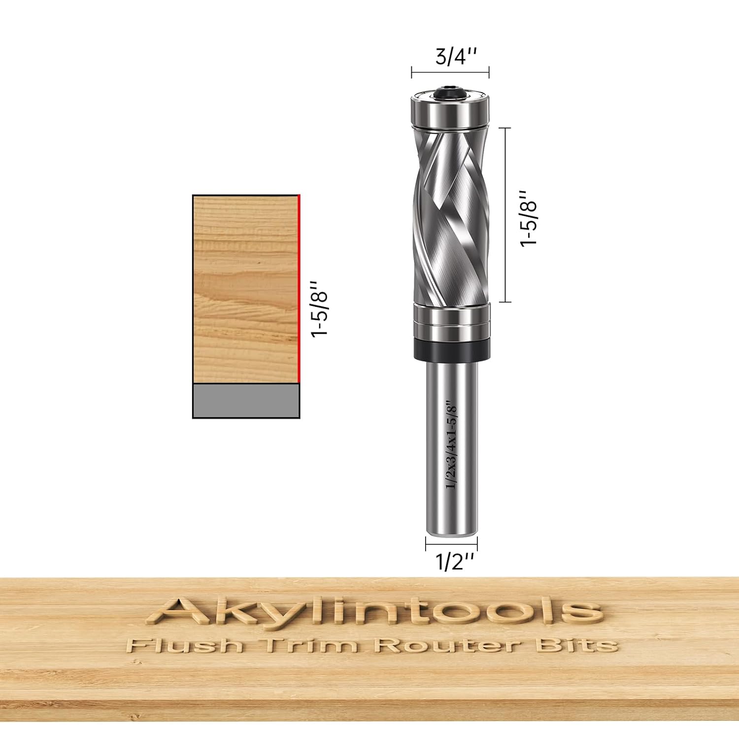 Solid Carbide Compression Flush Trim Router Bits 3/4" Diameter 1-5/8" Cut Length 1/2" Shank,Top and Bottom Bearing Flush Cut Bit,Up-Down Cut for Pattern Template Wood Trimming,Bottom Cleaning