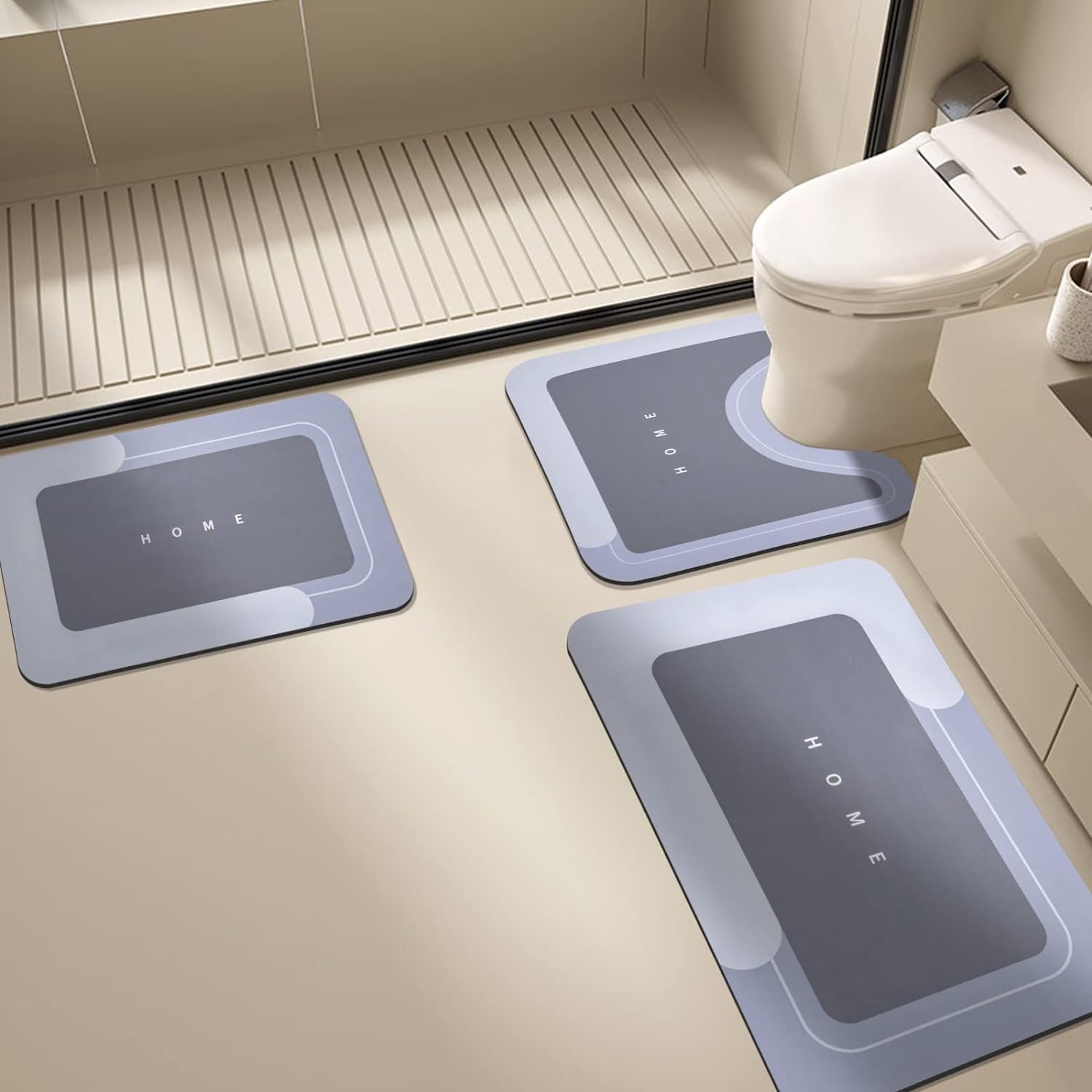 Tappeto Bagno Stampa Blu Grigio Tappeti Bagno 3 Pezzi Asciugatura Rapida Diatomite Facile da Pulire Doccia Antiscivolo Assorbente Set Tappeti 3 Pezzi