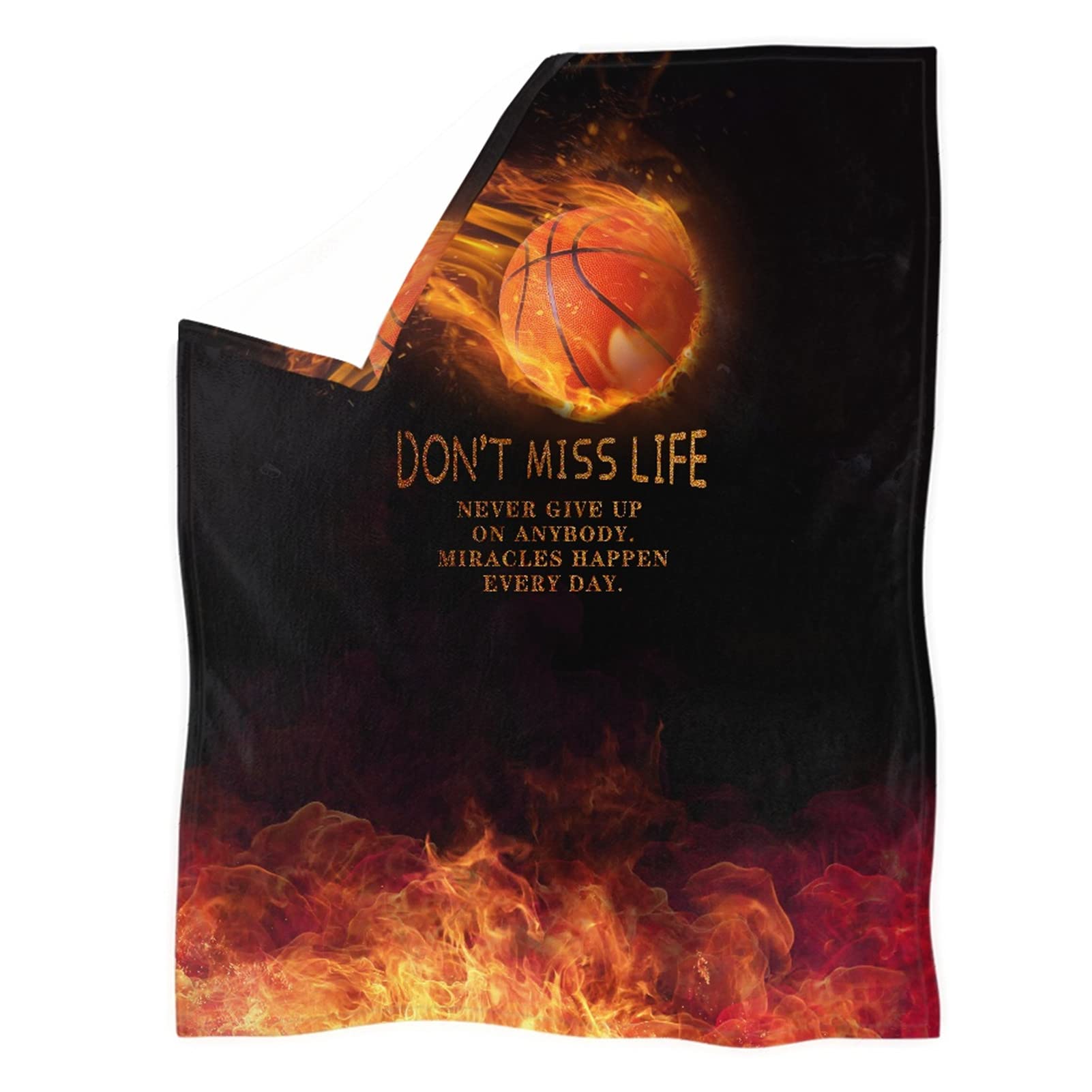 HUGS IDEA Home Blanket Burning Fire Basketball Throw Blanket with Postive Inspirational Text Letter, Faux Fur Shaggy Blankets for Visiting Patients-3XL