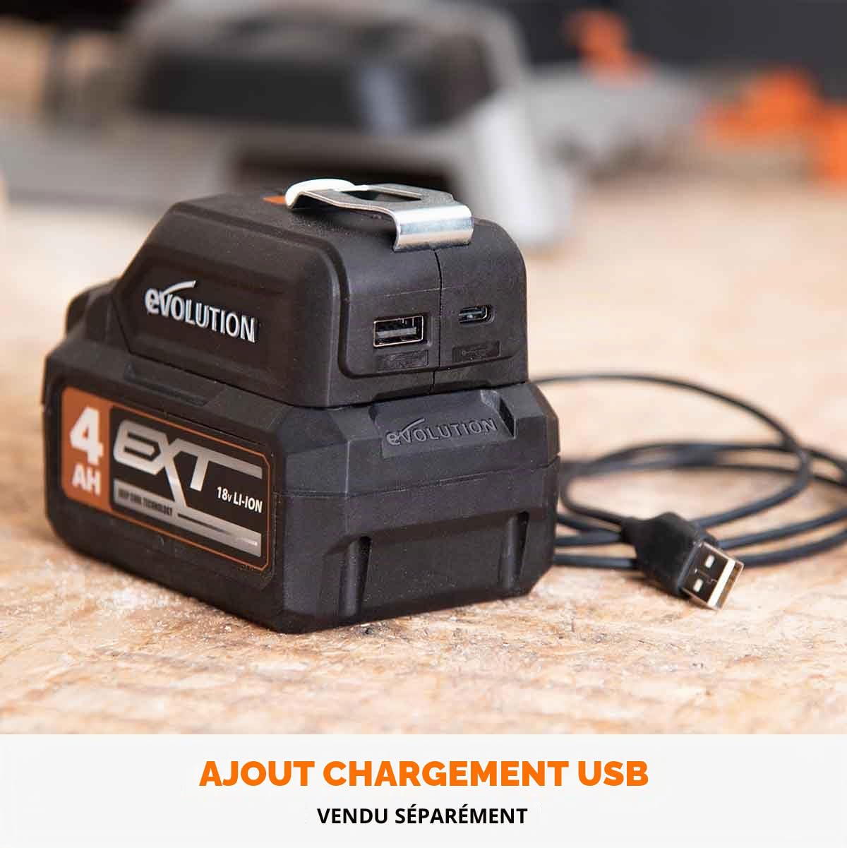 Evolution Power Tools, Bloc batterie lithium ion, Protection contre les surtensions et les sous-tensions, Témoin de charge de la batterie, Connecteur compatible Erbauer EXT, Grandes, 5 Ah, 18 V