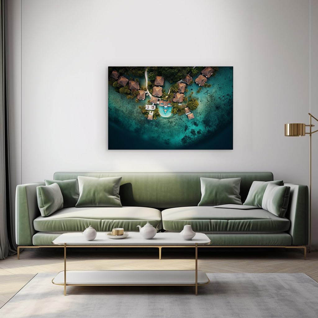 Canvas for Living room. Tropical Island Retreat Captures Serenity Amid Crystal Blue Waters, 27 x 18 inch Canvas Wall Art - Contemporary Masterpieces - Botanical Home Decor