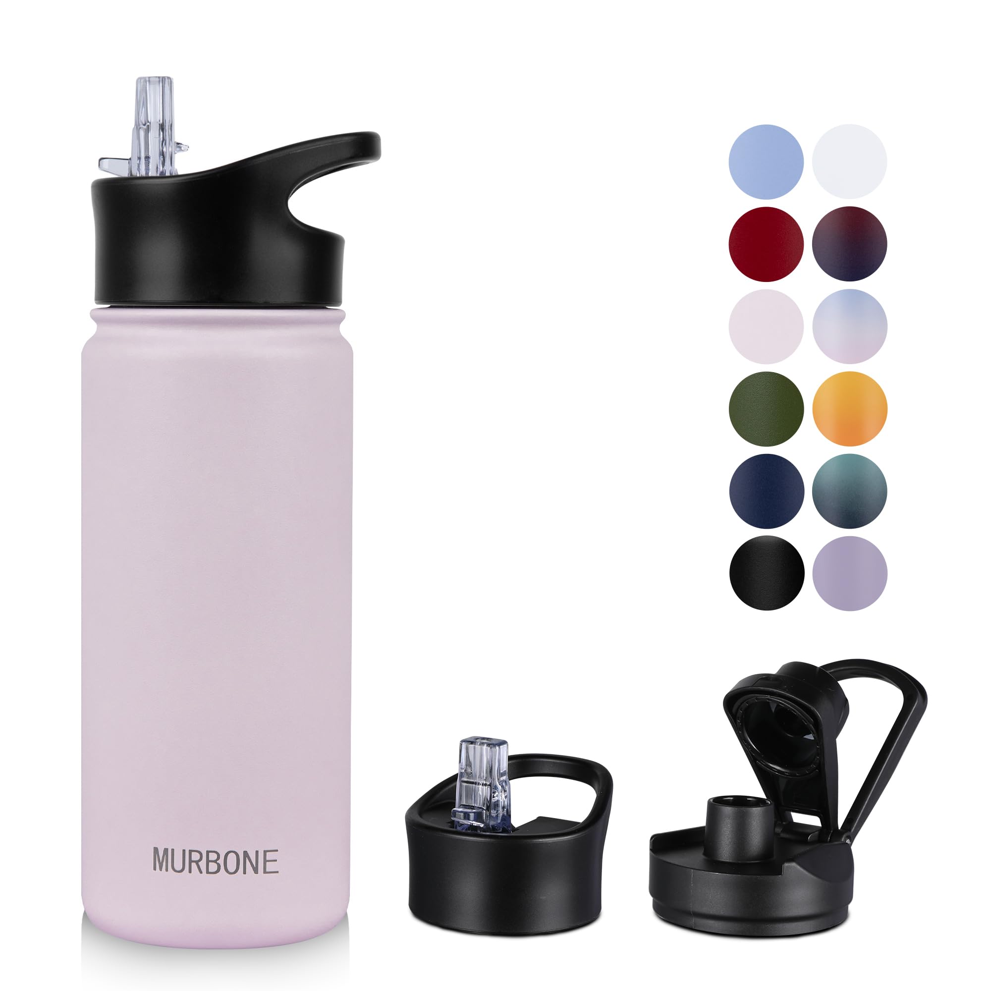 MURBONE Insulated Water Bottle, 500ml Stainless Steel Drink Flask with Straw, BPA Free