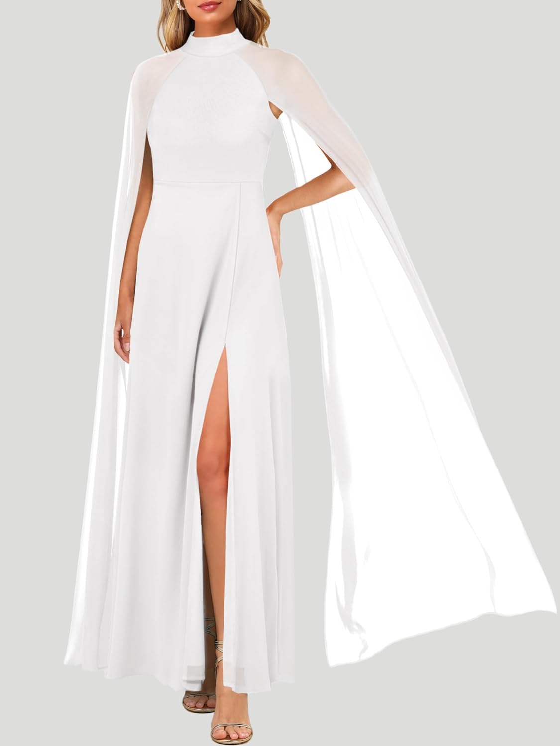 MAYFASEY Women's Elegant Long Sleeve Halter Neck Sexy Split Cocktail Evening Party A Line Maxi Long Formal Dress with Cape - Image 7