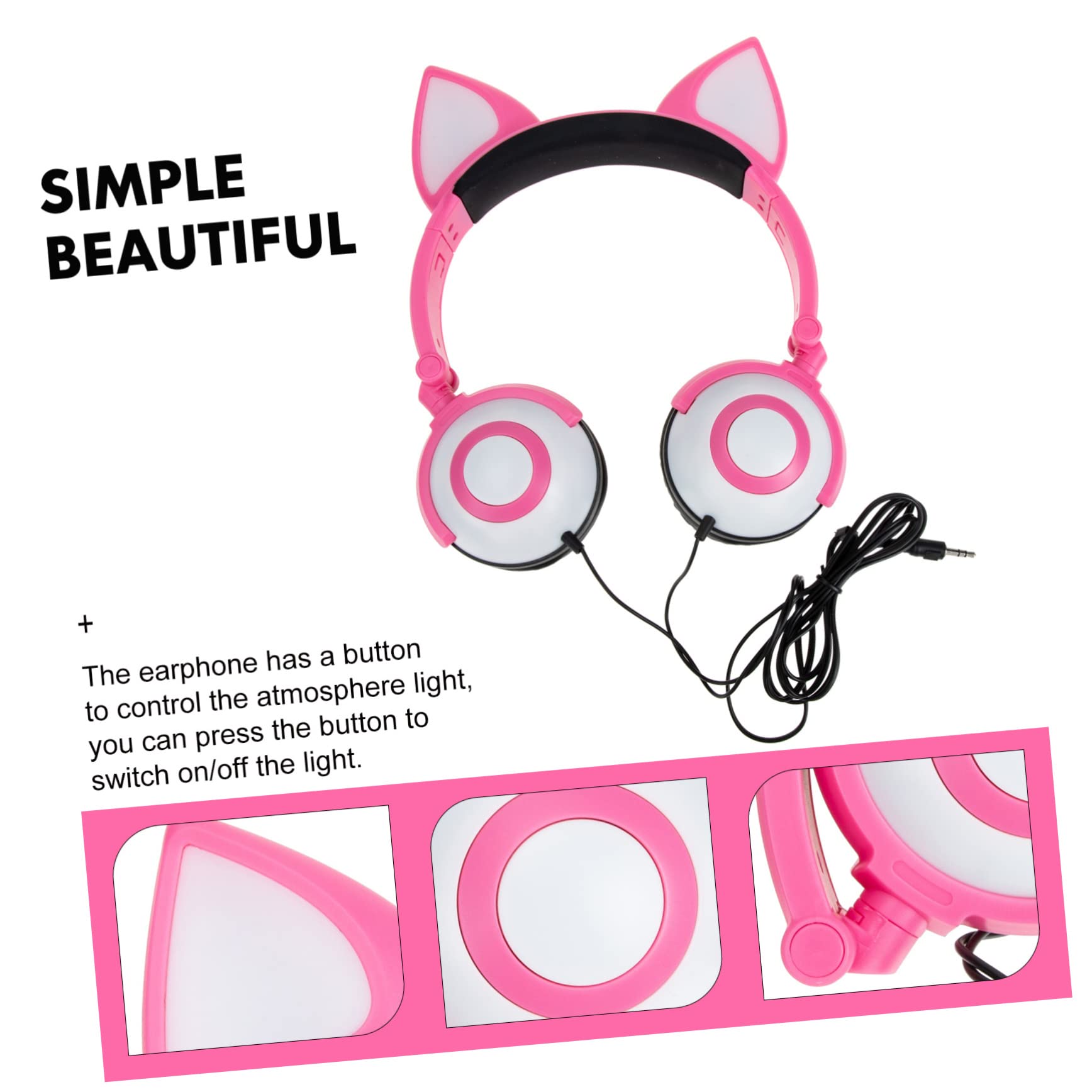 Cuffie per Bambini Orecchie da Gatto Rosa 40mm in Pvc | Luci Ambientali Controllate da Pulsante, Archetto Regolabile, Jack 3, 5mm Dritto, Batteria 180 Mah