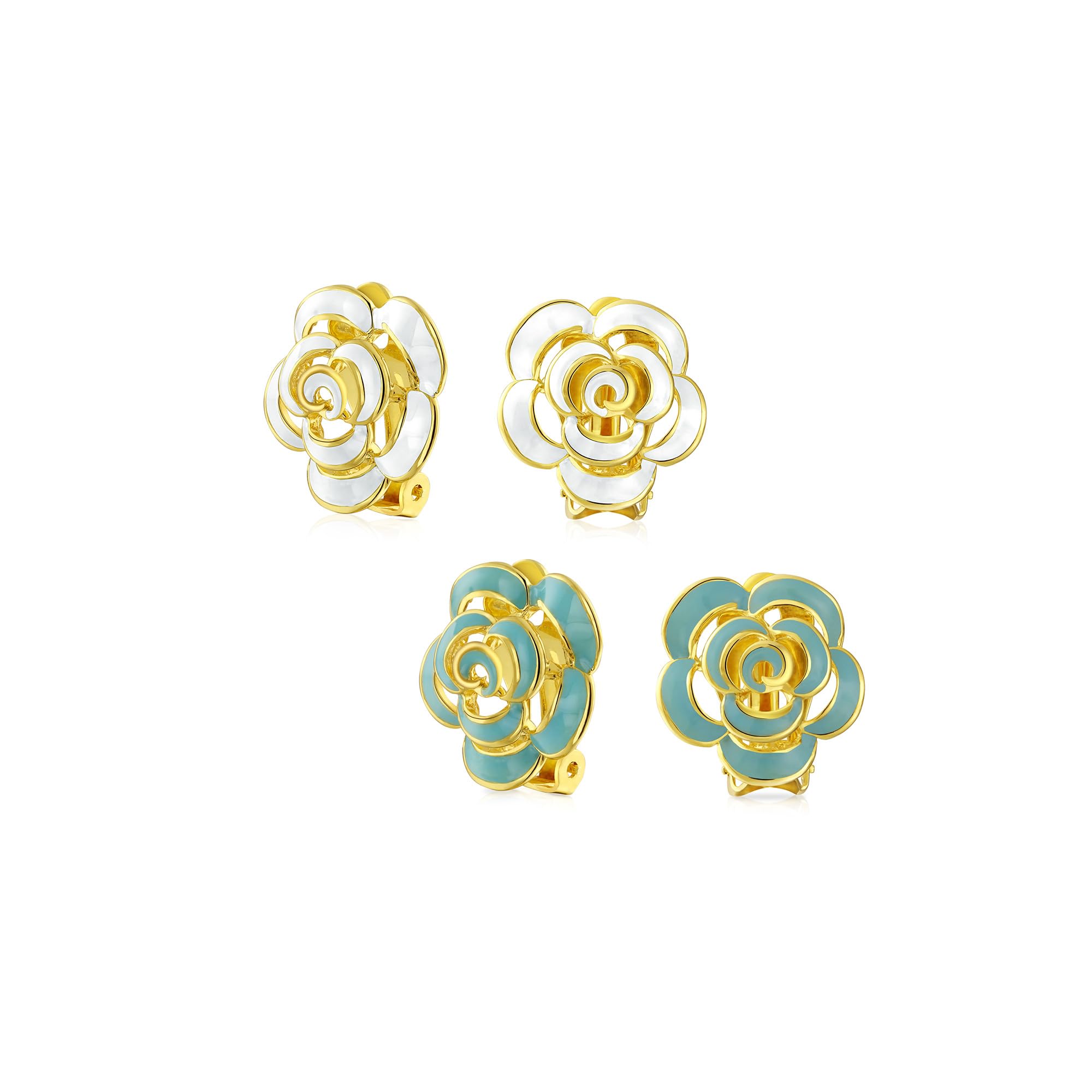 Set di due orecchini a clip in smalto fashion 3D bianco e blu a forma di rosa, stile bottone, per orecchie non forate, placcati in oro 14K.