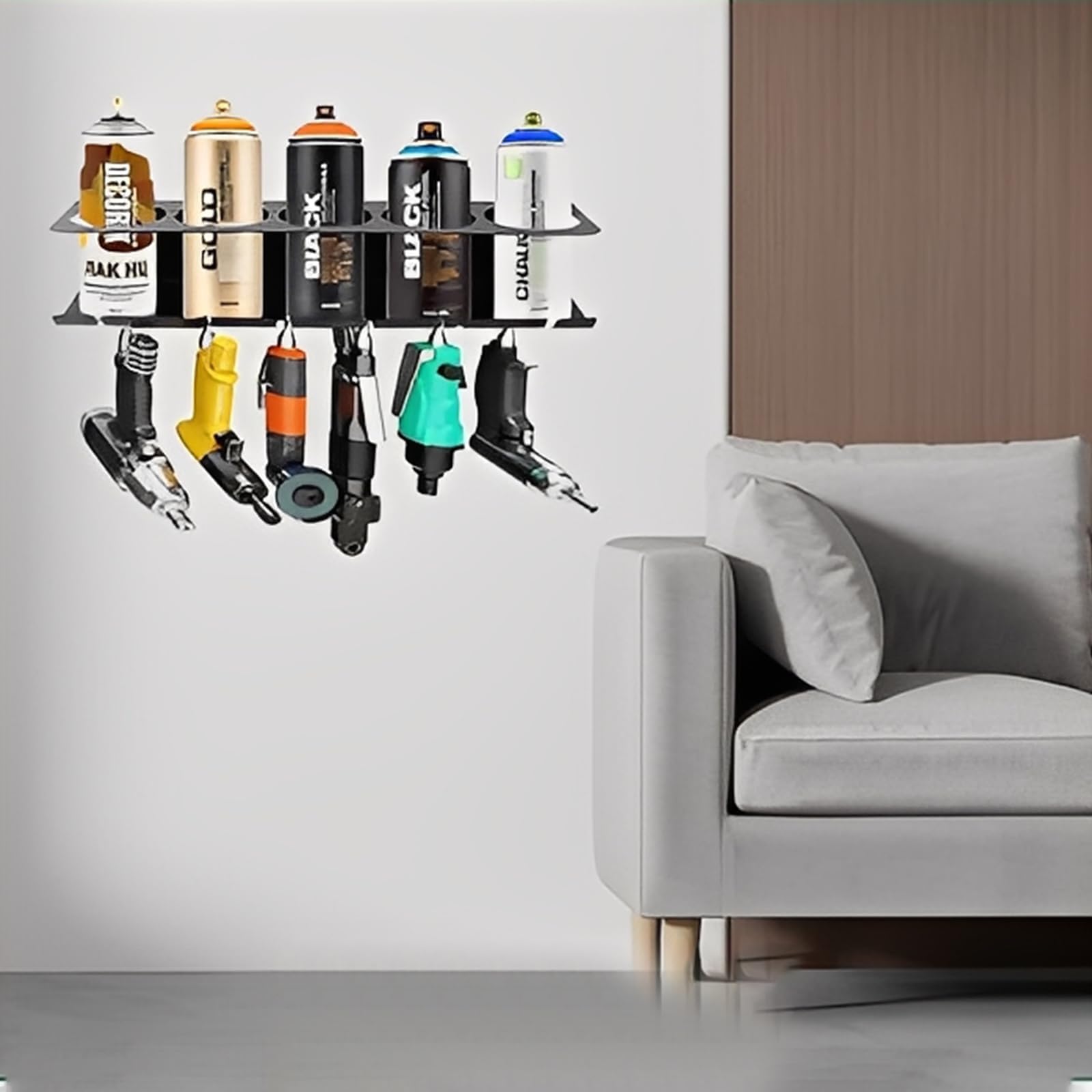 PARFCO Porta bombolette spray 43 cm, 5 fori, da parete, nero, con 6 fessure da 8 mm, per officina, casa, bar