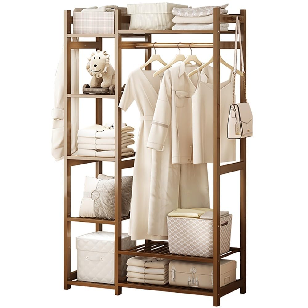 POLGDW Bamboo Clothes Rack with 5 Shelves Freestanding Bedroom Hanger for Dresses Shoes & Hats Max Load 100kg Stylish & Storage Solution