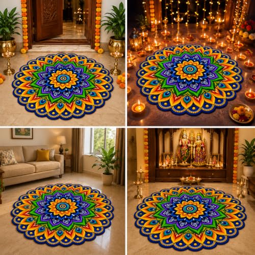 Image of 3D Rangoli | Floral | Mandala Art | Door Mat | Water Absorbent, Anti-Skid, Machine Washable Floor Mat | Soft Microfiber Carpet for Home, Living Room & Bedroom | Premium Mat (Mandala Art 1, Round)