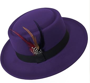 Classic Pork Pie Hat with Feathers Flat Top Fedora, Vintage Panama Hats, Warm Comfortable Jazz Cap