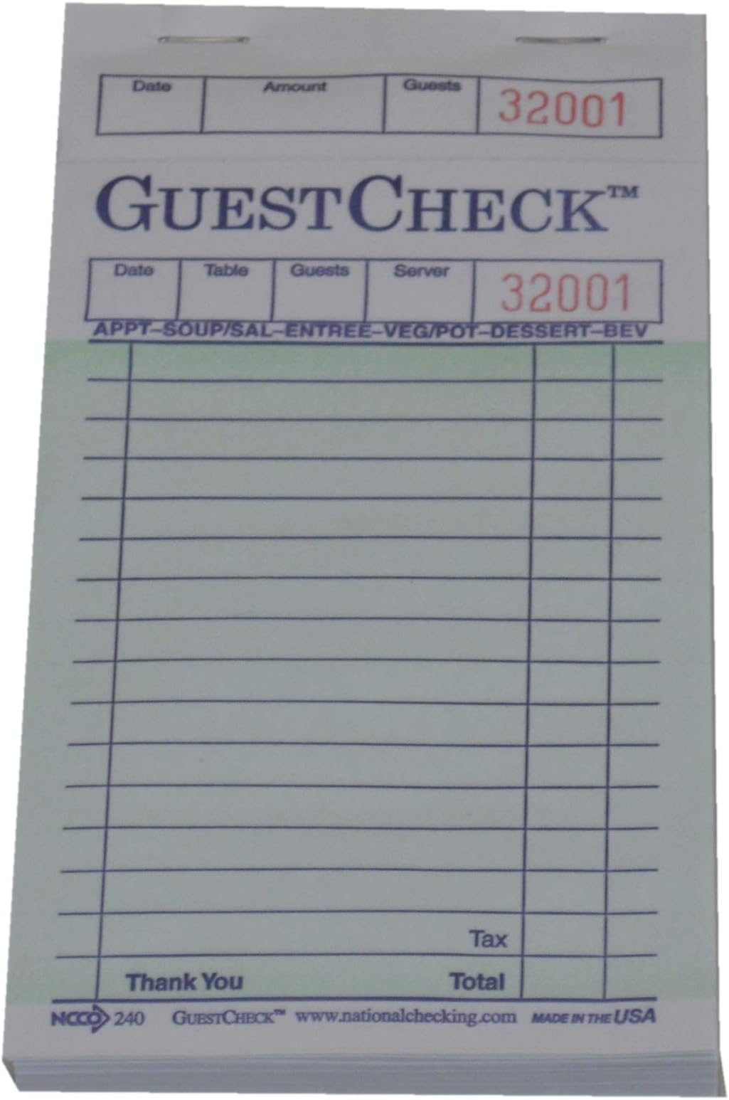 Company Guest Check Paper - 1 Part Green, 17 Line, 3.5 x 6.75 inch - 5000 per case.