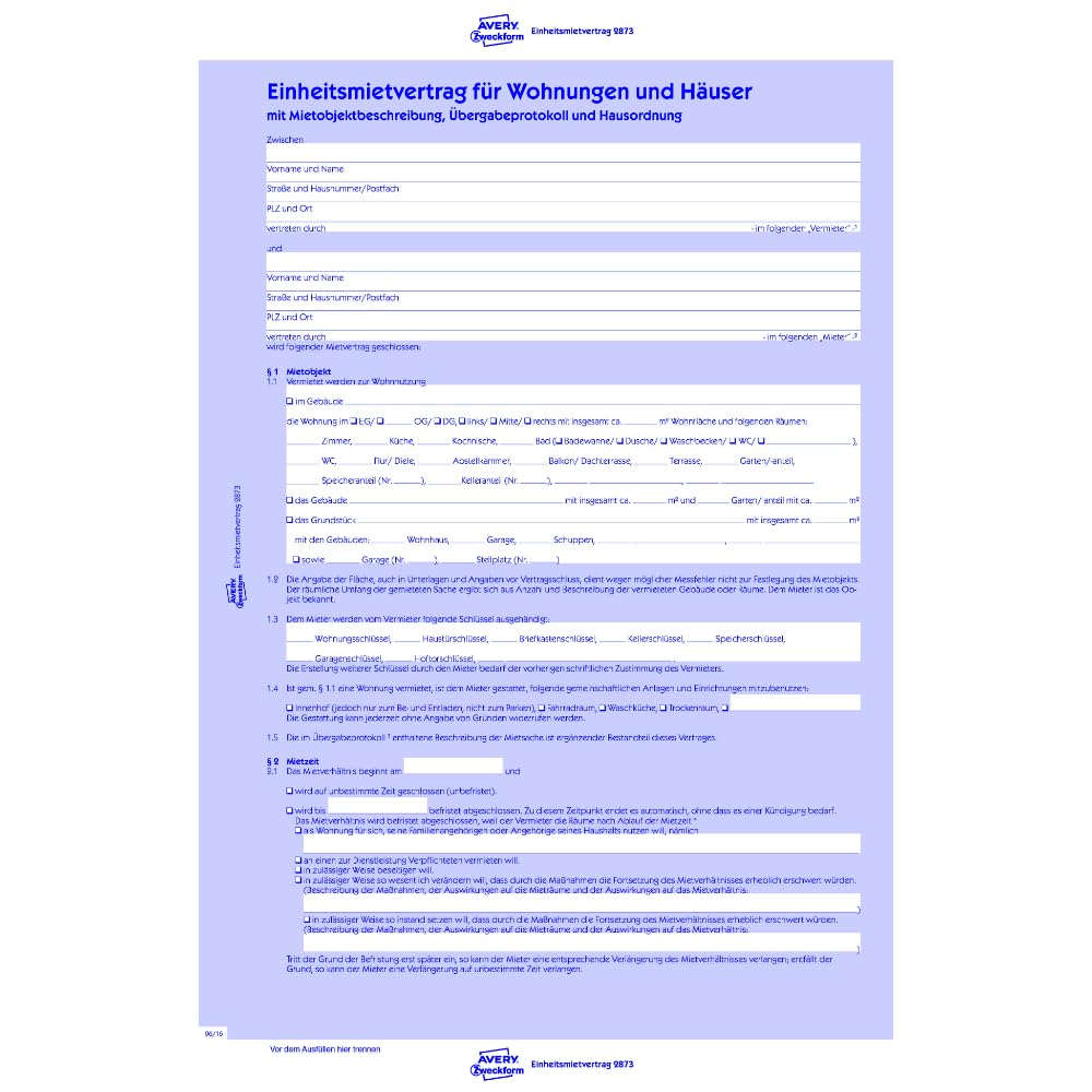 AVERY Zweckform 2873-10 Mietvertrag für Wohnungen und Häuser (Einheitsmietvertrag mit Übergabeprotokoll und Hausordnerung, 5-seitiges Formular in A4, selbstdurchschreibend) 10 Stück, blau