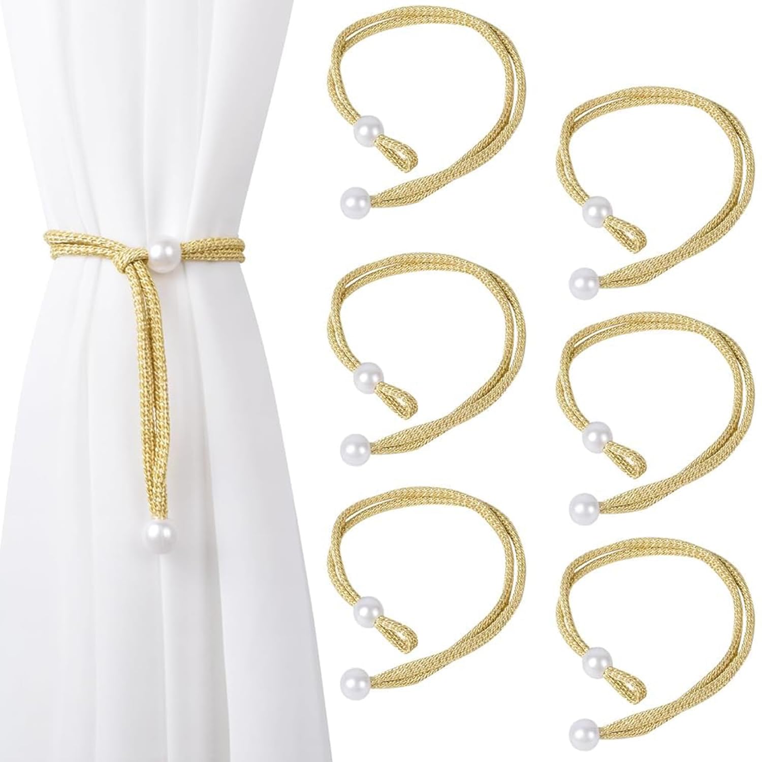 Curtain Tiebacks, 6Pcs Polyester Curtain Holdbacks with Imitation Pearl, Convenient Tie Backs Decorative Curtains Tie Band for Window (3Pairs Golden)-image-34