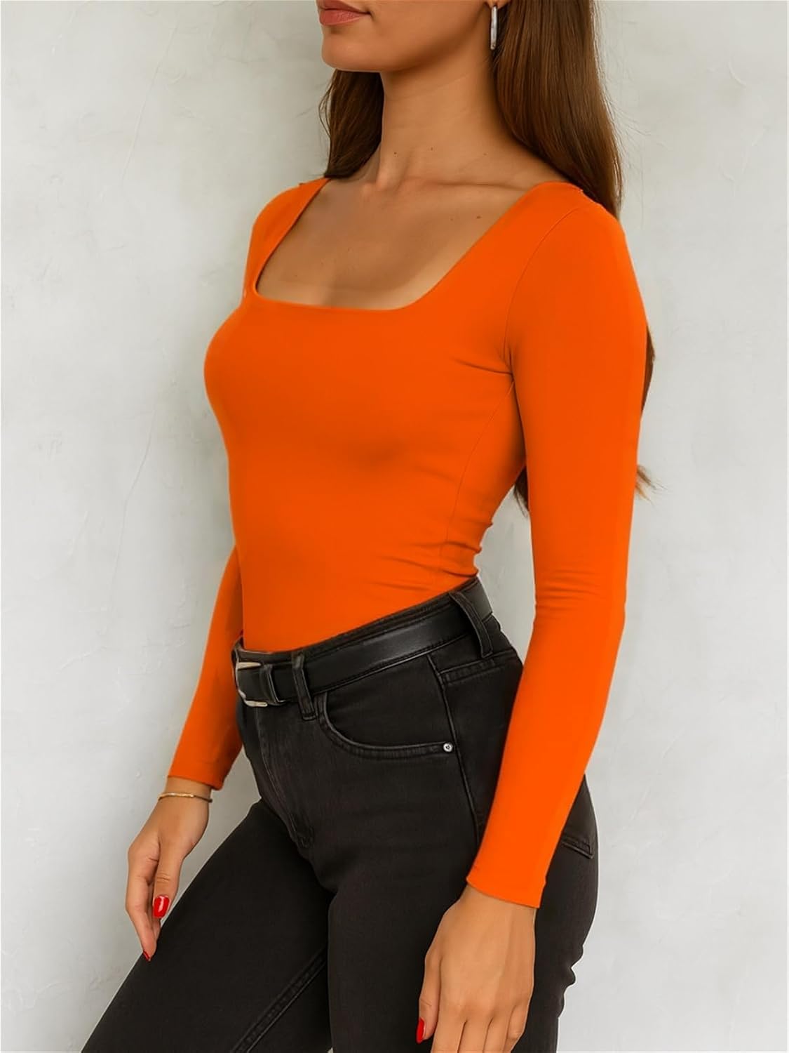 ForeFair Women Square Neck Long Sleeve Going Out Tops Tight Double Lined Basic Tees Shirt - Image 3