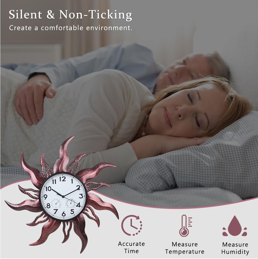 Large Outdoor Clock with Thermometer & Humidity - Silent Non-Ticking Sun Outdoor Wall Clock for Patio, Garden, Kitchen, Living Room(Brown)