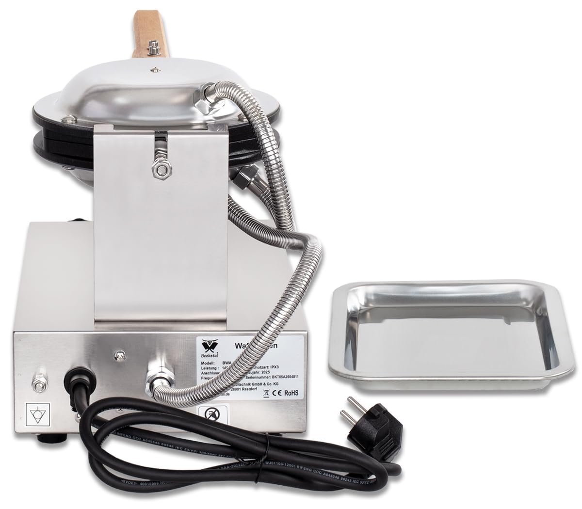 Beeketal 'BWA-10' Profi Bubble Waffeleisen mit antihaft Backplatten, Edelstahl Gehäuse, 50-250 °C, Timer: 0-5 Minuten und Teig Auffangschale - Gastro Waffelautomat speziell für Bubble Waffeln