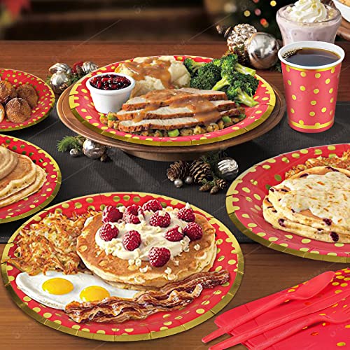 Red And Gold Party Supplies 140 Pieces Golden Dot Disposable Party Dinnerware - Red Paper Plates Napkins Cups, Plastic Forks Knives Spoons For Christmas, Wedding, Graduation Party Decoration #TOP3