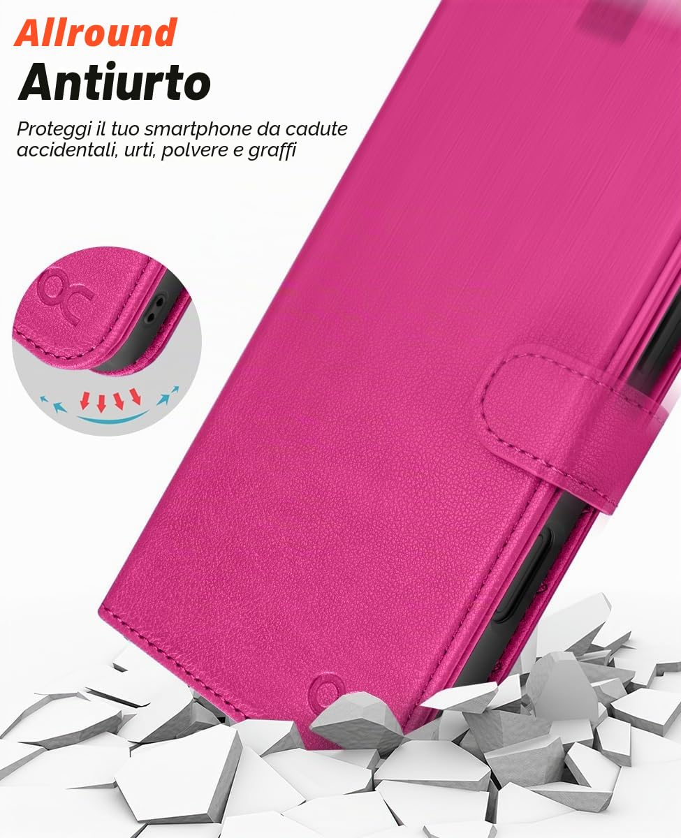 OCASE Custodia iPhone 16, Rosa Rosso, Pelle, Wallet con Slot per Schede, Cavalletto, Antiurto, Antiscivolo, Installazione Semplice, Compatibile con iPhone 16 (6.1 Pollici)