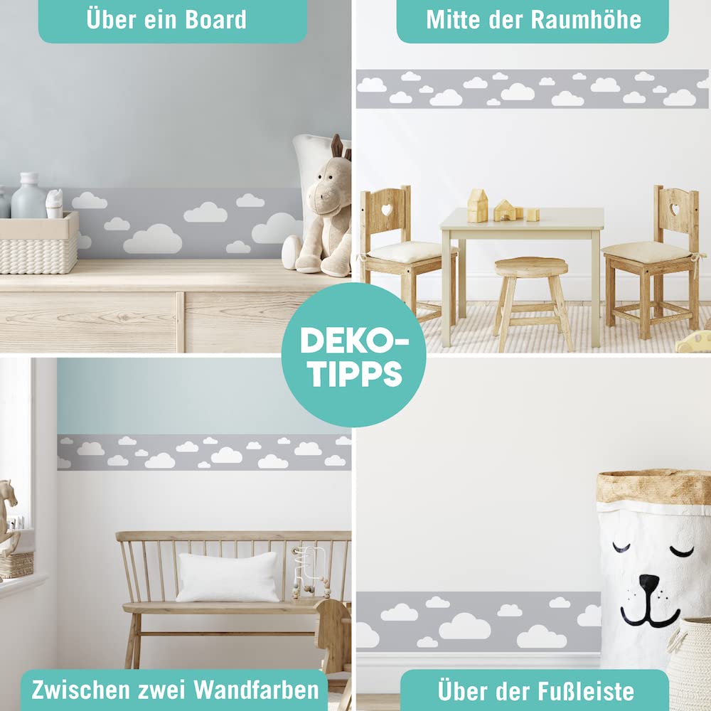 Bordüre selbstklebend WOLKE GRAU - Wandbordüre Kinderzimmer Babyzimmer mit Wolken - Wandtattoo Schlafzimmer Junge – Wanddeko Baby Kinder