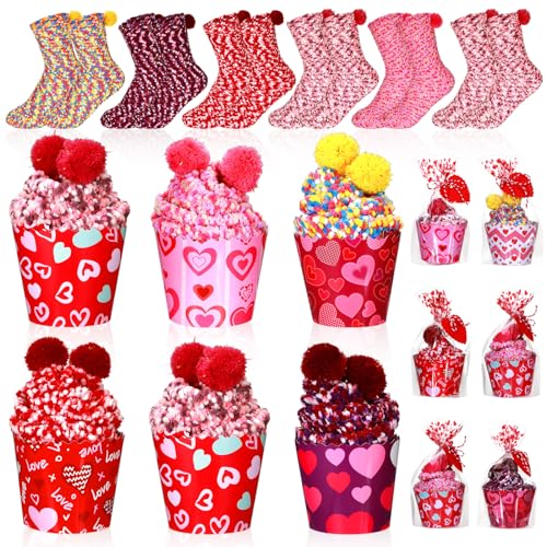 Image of 6 Pairs Valentine's Day Cupcake Socks Fuzzy Sock with Cupcake Card DIY Gift Slipper Stockings for Winter Women Men