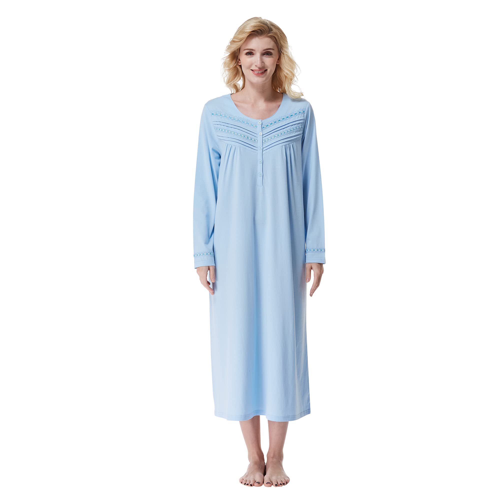 Keyocean Cotton Knit Women Nightgowns, Soft Comfy Lightweight Long Sleeves Ladies Sleeping Gown Medium Blue M