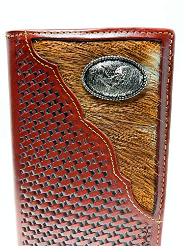 Western Men's Basketweave Genuine Leather Rooster Long Cowhide Stud Bifold Wallet in 3 Colors (Brown)2