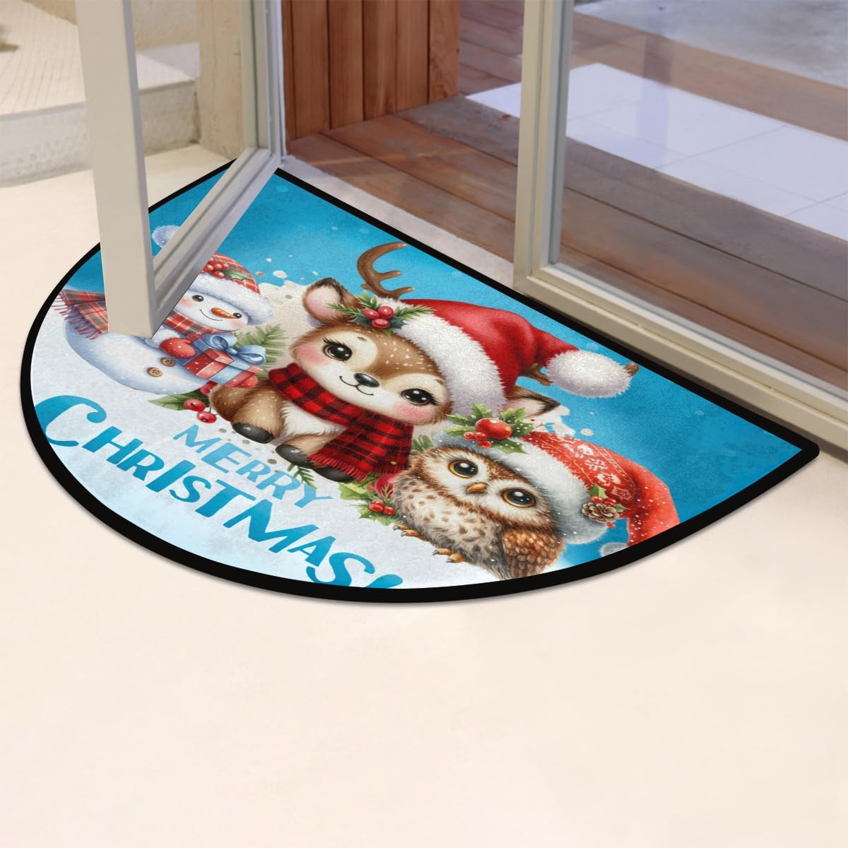 cfpolar Half Round Door Mat Christmas Elk Snowman Holly Non-Slip Semi Circle Area Rug Washable Semi Circle Floor Rug for Indoor Outdoor Living Room Bathroom Kitchen Patio Hearth Rugs Home Decoration