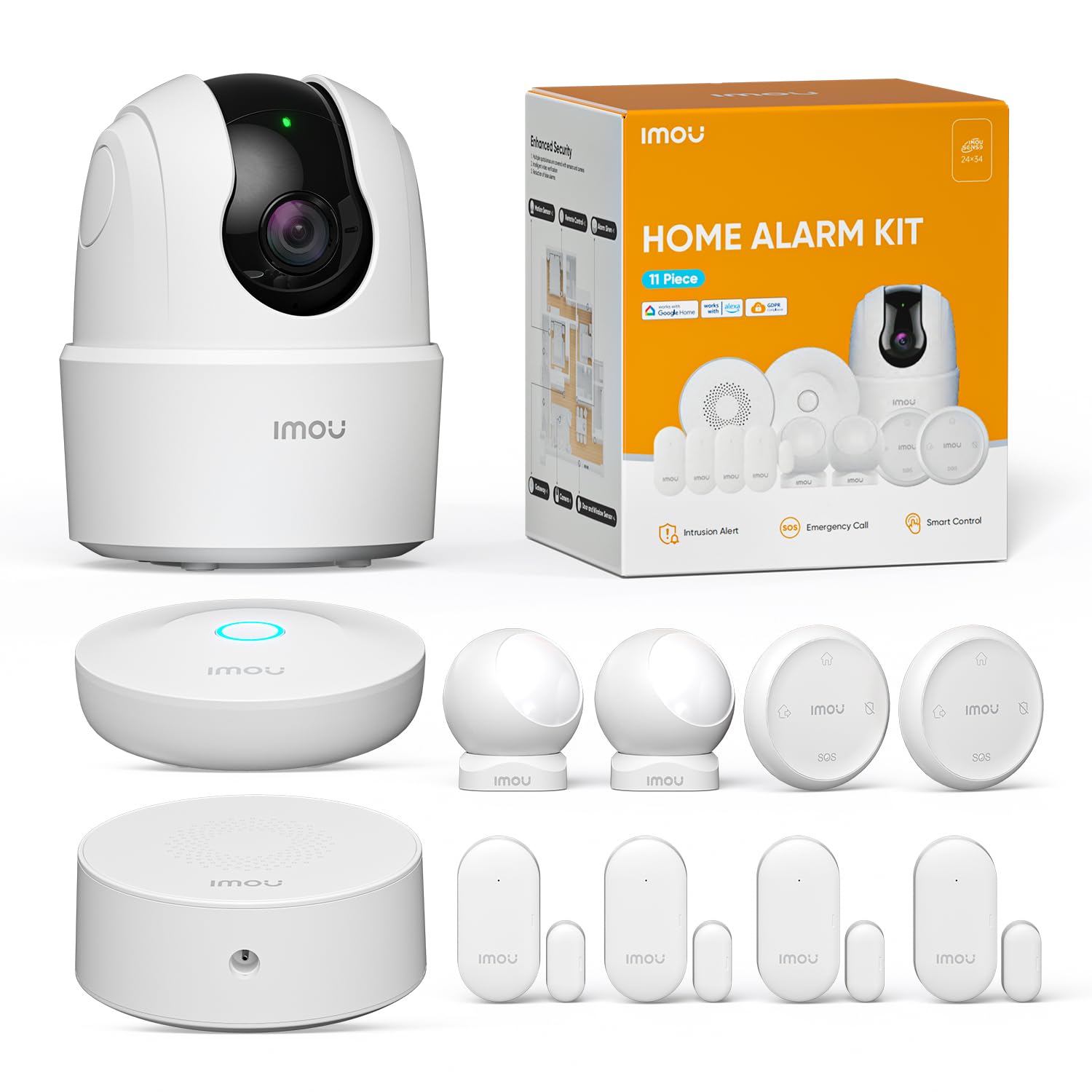 Imou Sistema di Allarme Casa 11 Pezzi, Sistema Antifurto Completo con Faretto/Sirena Allarme 100DB, 1 Telecamera Wifi Interno, 2 Telecomandi, 4 Sensori, 2 Sensori di Movimento, Compatibile con Alexa