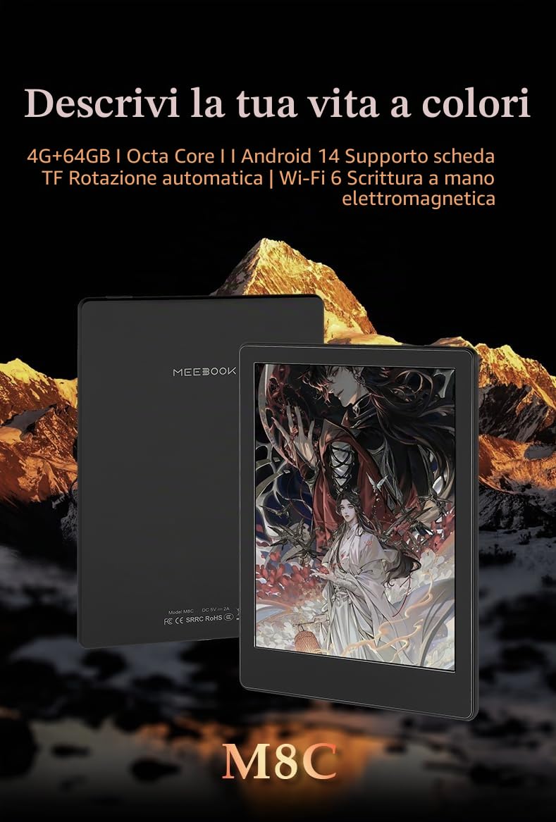 Meebook M8C E-Reader 7,8" con Android 14, Schermo Kaleido 3 300 PPI, Processore Octa-Core, 4GB+64GB, Doppio Micro/Altoparlante, Google Play Store, Stilo, Luce Fredda/Calda