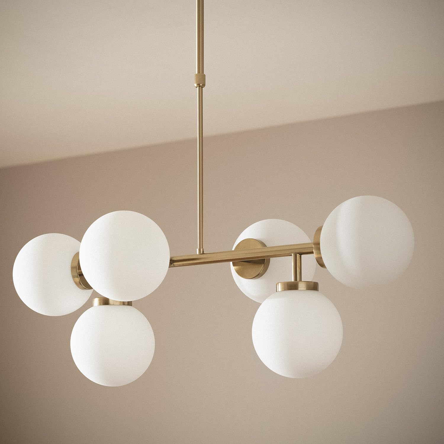 LEDKIA LIGHTING - Lampada a Sospensione Metallo e Vetro Lautrec | Design Moderno ed Elegante | Regolabile in Altezza | 6 Paralumi Sferici | Lampadina E27, Oro
