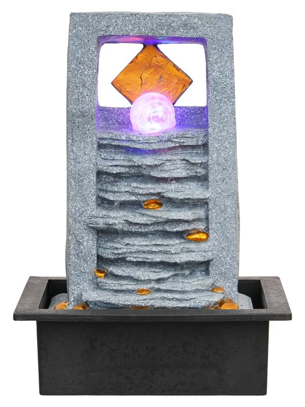 Image of Polyresin Rock Finish Table Top Indoor Waterfall Fountain for Home Decor with Yellow LED, Speed Controller Pump & Crystal Ball (Size: 40.5 x 29.5 x 22CM | Weight: 2240grm | Color: Grey)