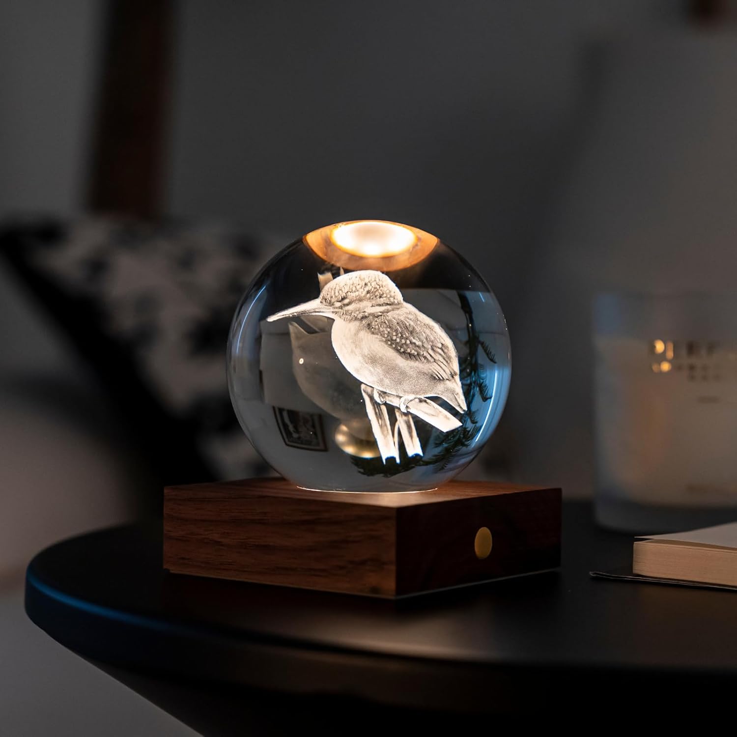 Gingko Walnut Wood LAMP - Amber Crystal Design, Kingfisher